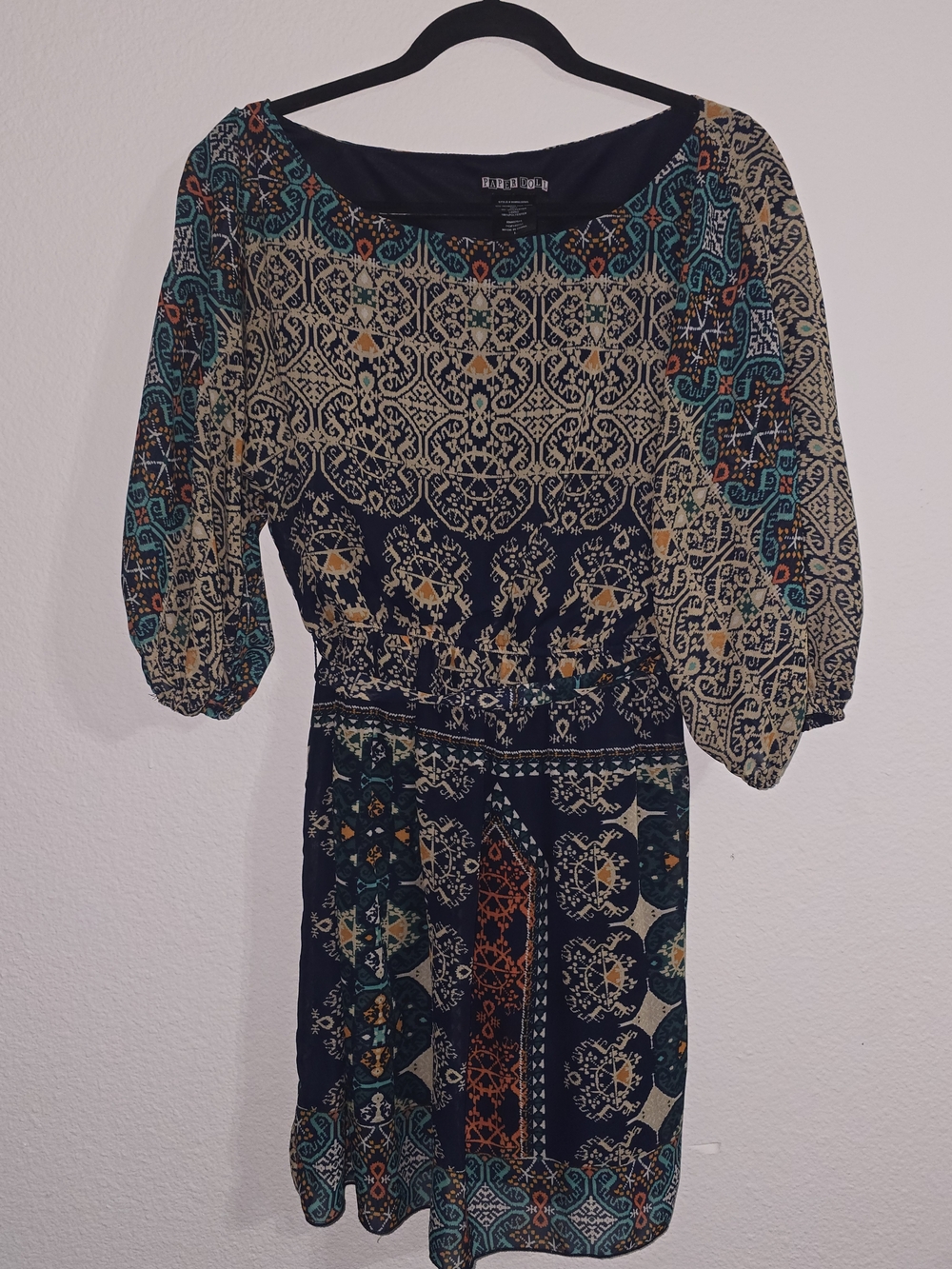 paper doll Navy Mini Dress with Teal and Mustard Print